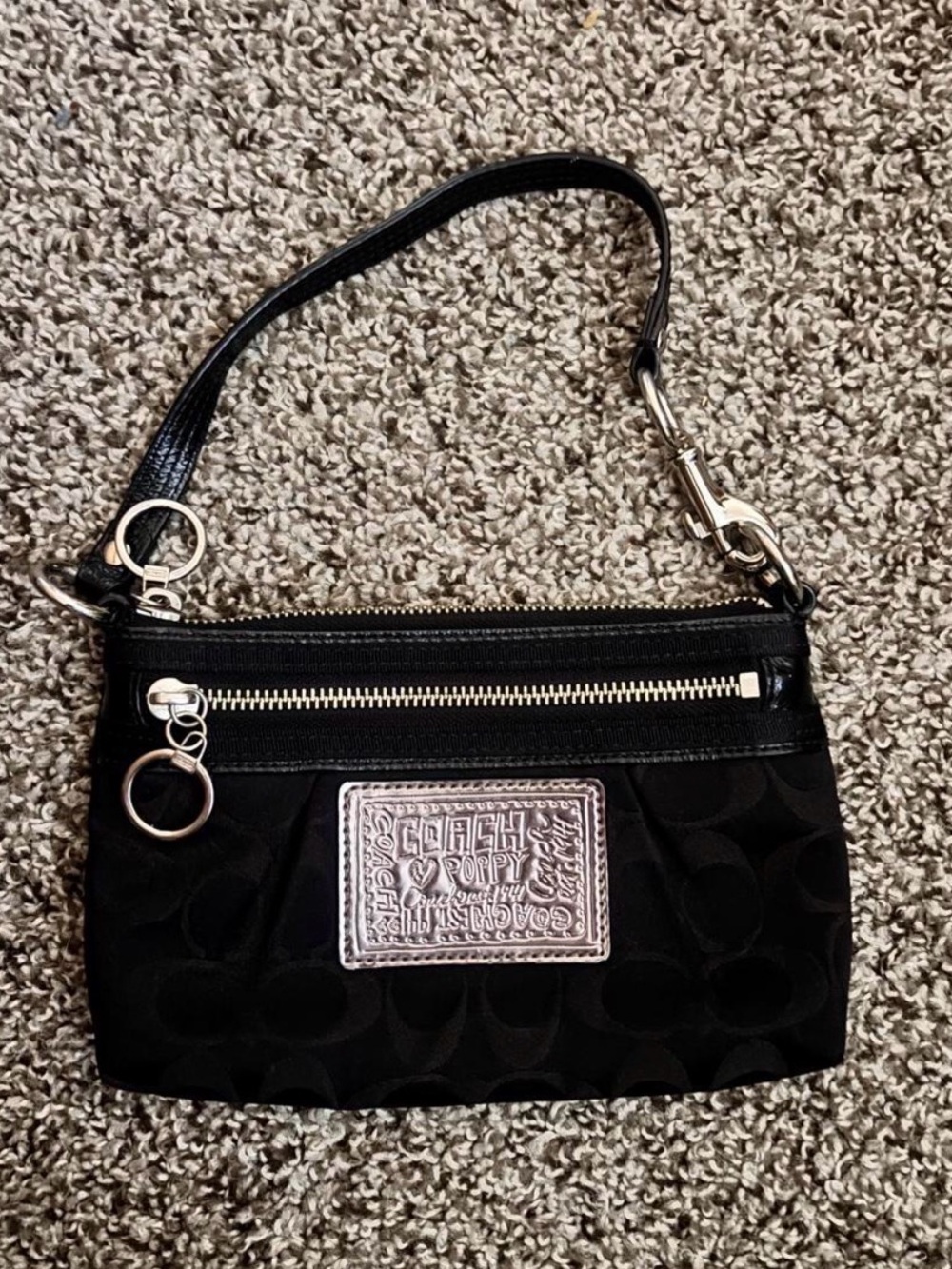 Coach Black Signature Wristlet with Silver Accents